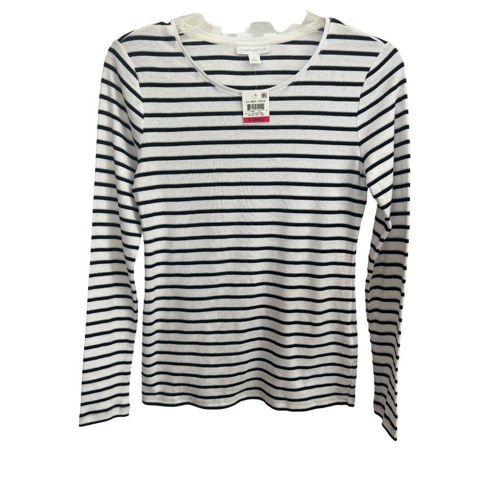 Charter Club White With Black & Metallic Silver Stripes Long Sleeve Top, XS